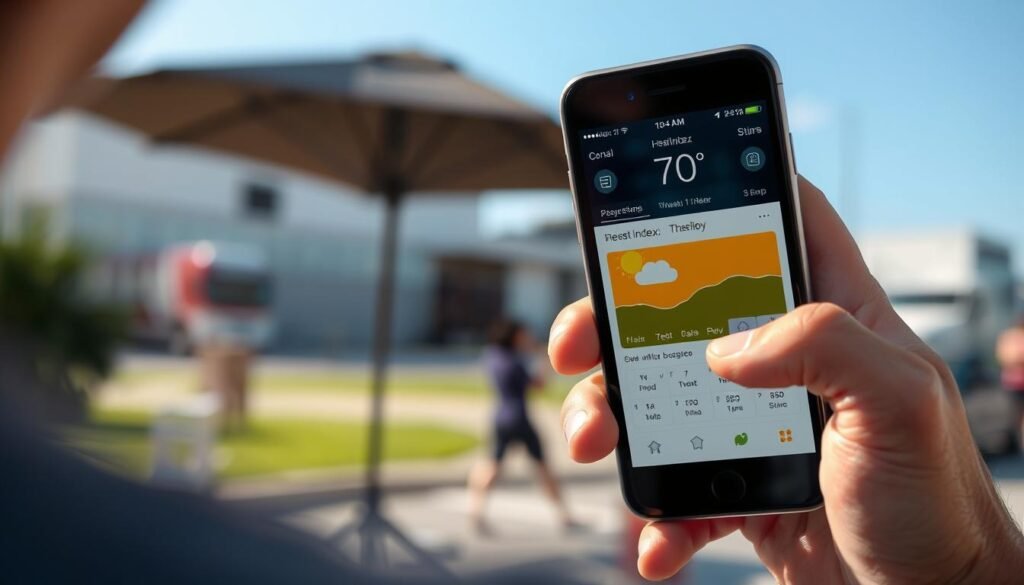 Person using smartphone to check heat index on weather app