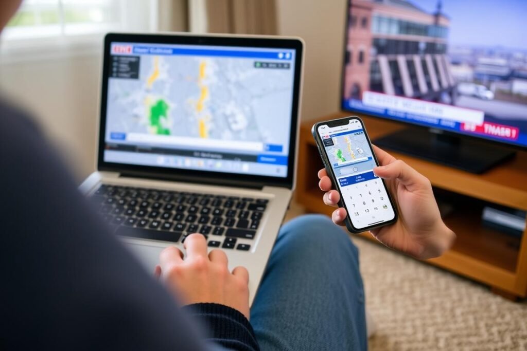 Person using snow day calculator on multiple devices with weather reports nearby