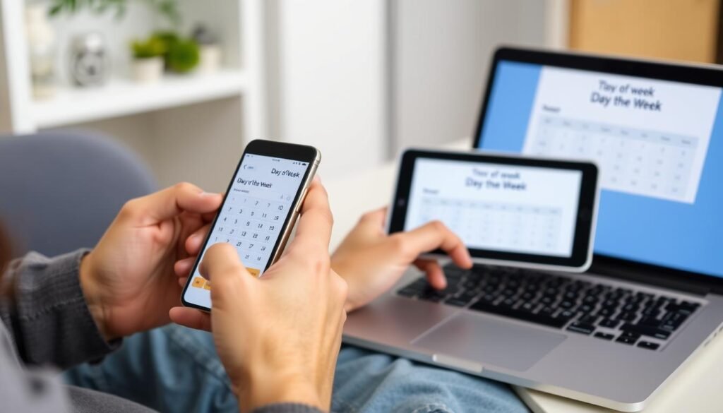 Person using the Day of the Week Calculator on multiple devices