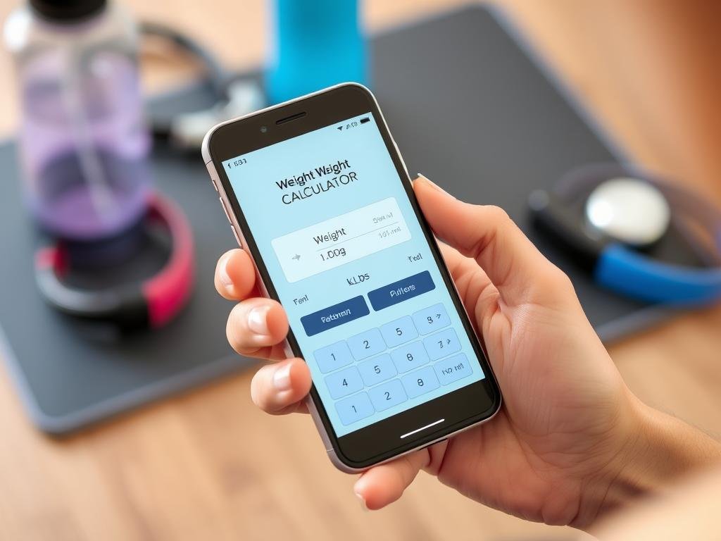 Person using weight calculator for fitness tracking on smartphone