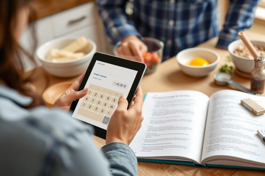 Person using weight calculator to convert recipe measurements