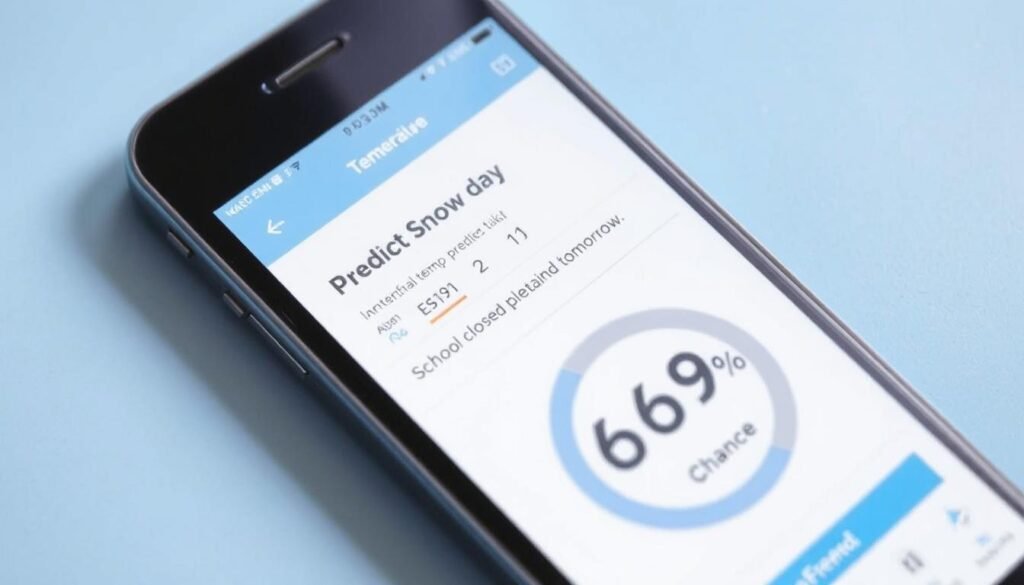 Predict Snow Day app interface on mobile phone showing weather conditions
