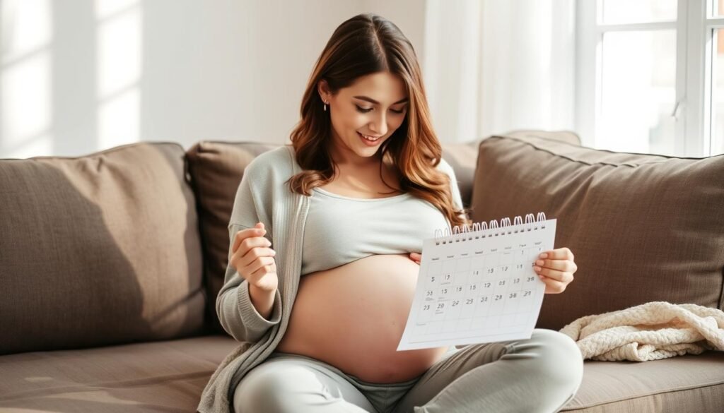 Pregnant woman checking calendar for due date