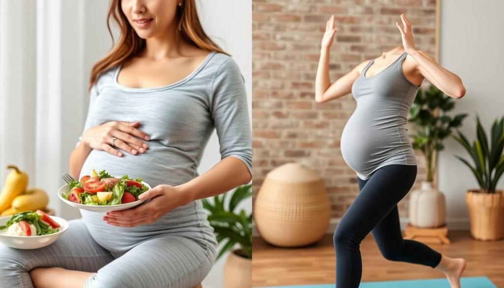 Pregnant woman eating a balanced meal and doing light exercise