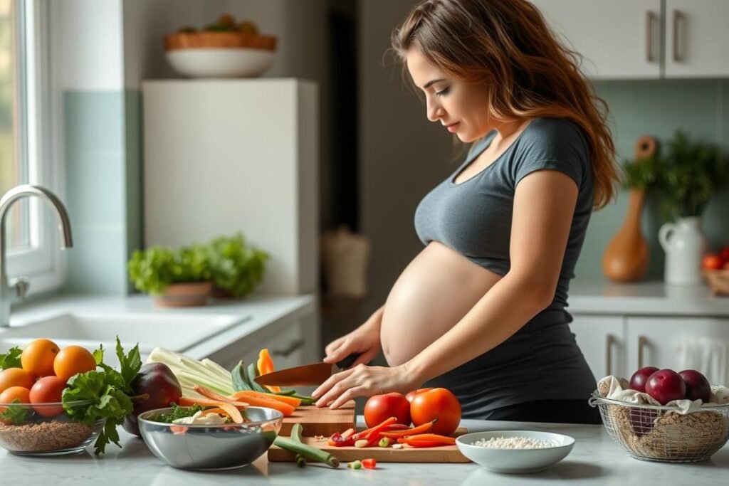 Pregnant woman preparing healthy food in kitchen