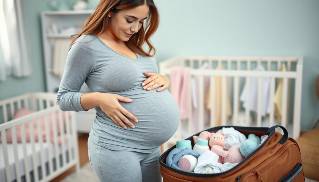 Pregnant woman preparing hospital bag near due date