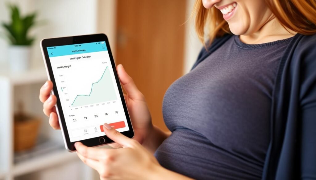 Pregnant woman tracking her weight gain with a pregnancy weight gain calculator