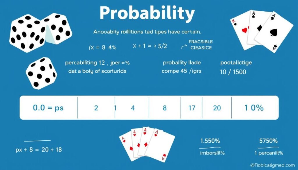 Probability concept showing dice cards and a probability scale from 0 to 1