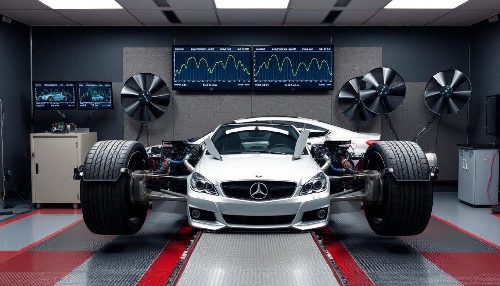 Professional dynamometer setup measuring a car's horsepower in an automotive testing facility