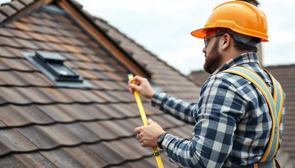 Professional roofer inspecting and measuring a complex roof structure