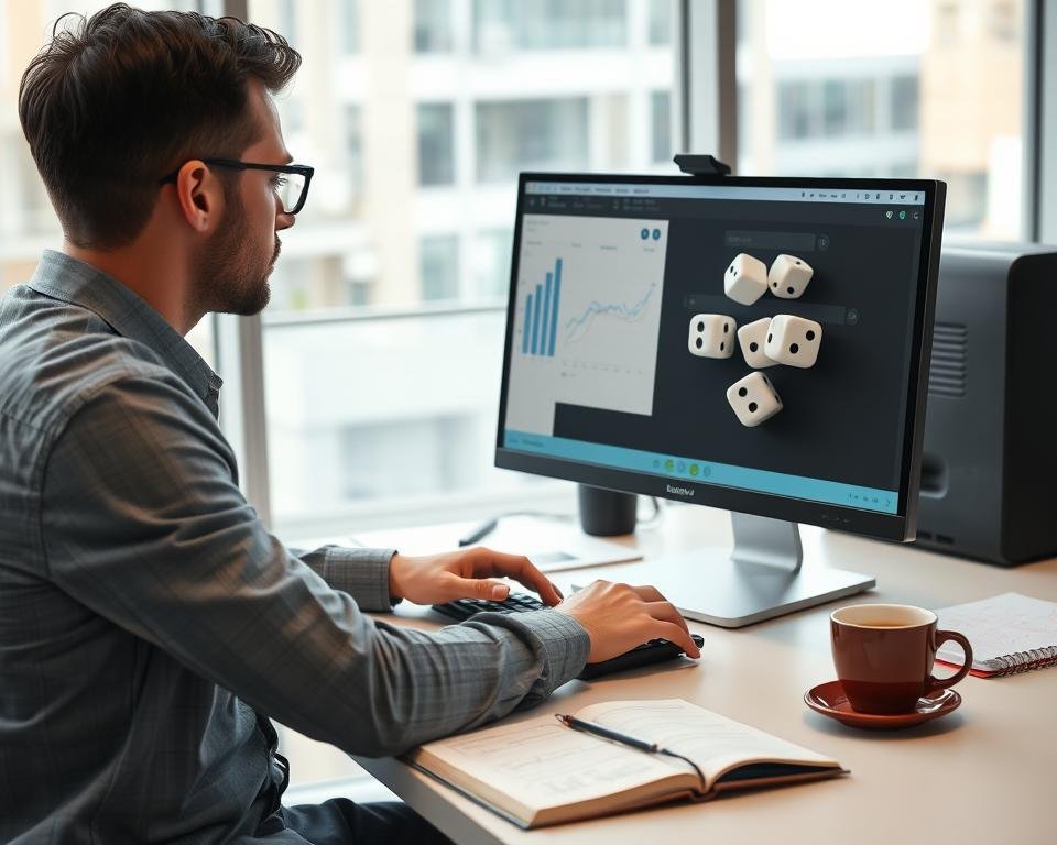 Professional using a dice roller app for random sampling in a research setting
