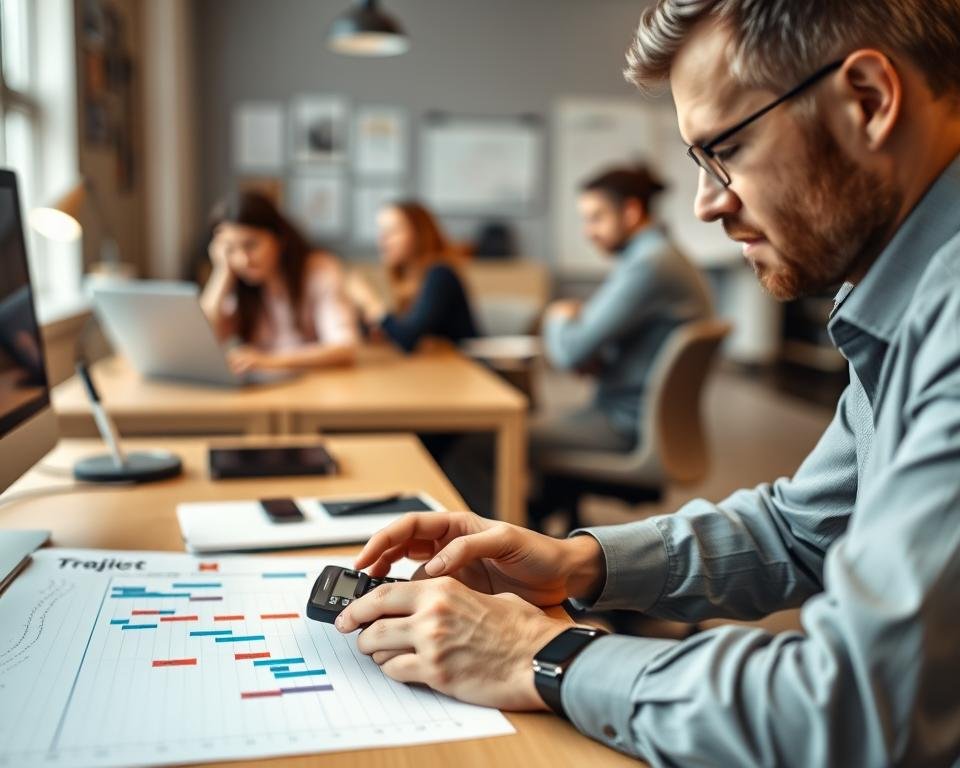 Project manager using date calculator for deadline planning