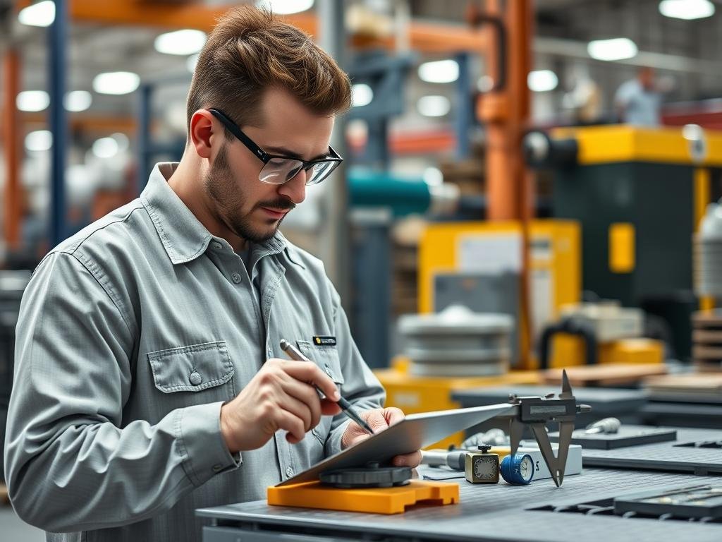 Quality control inspector checking manufacturing tolerances and calculating percent error