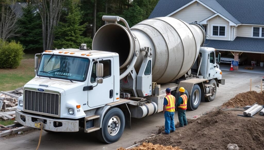 Ready mix concrete truck delivering concrete to a residential construction site