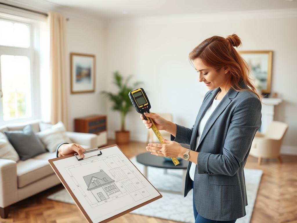 Real estate agent measuring home square footage for listing