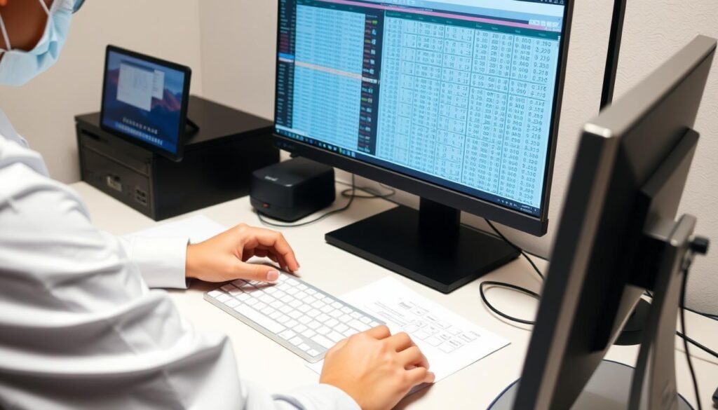 Researcher using random number generator for sampling