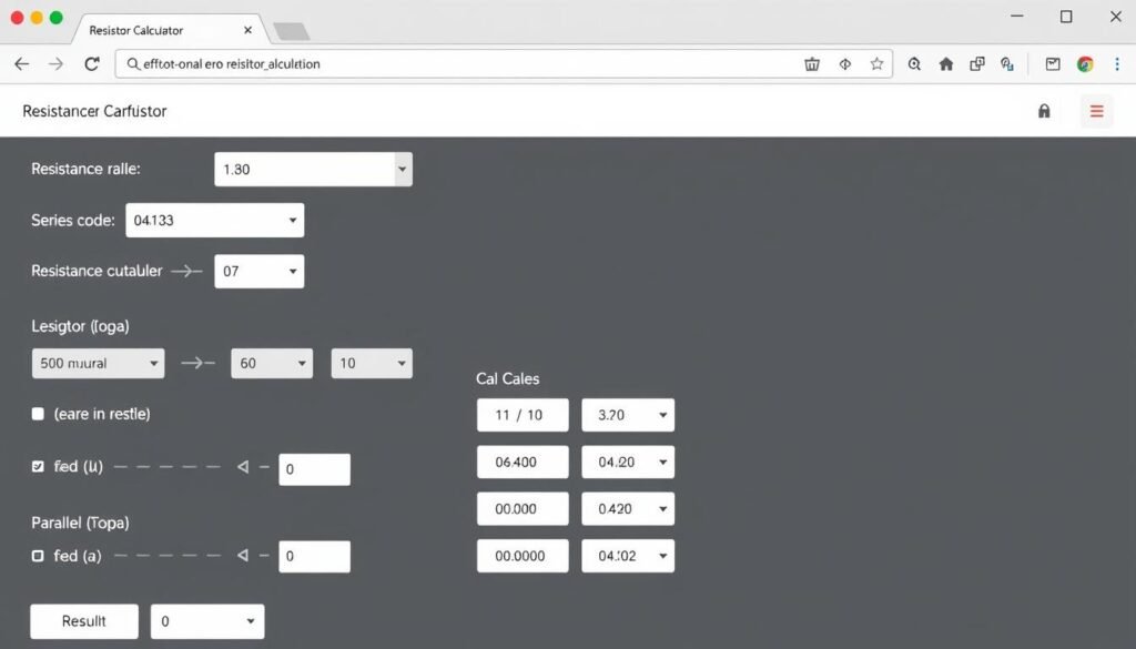 Resistor Calculator tool interface showing input fields and results
