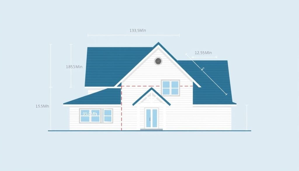Roofing calculator concept showing a house with measurement overlays