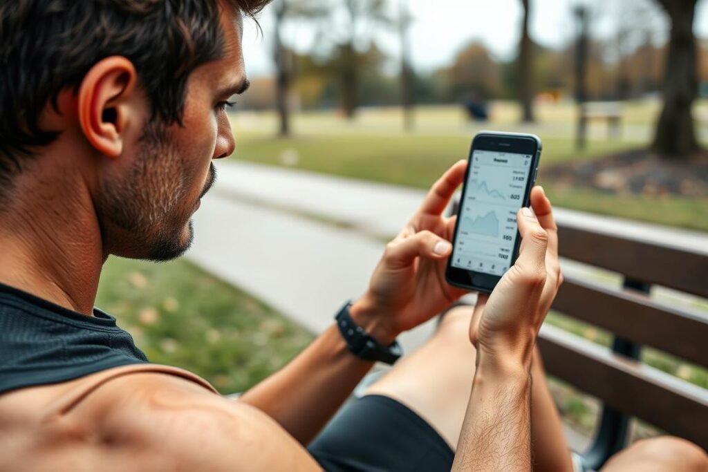 Runner analyzing pace data on smartphone after workout