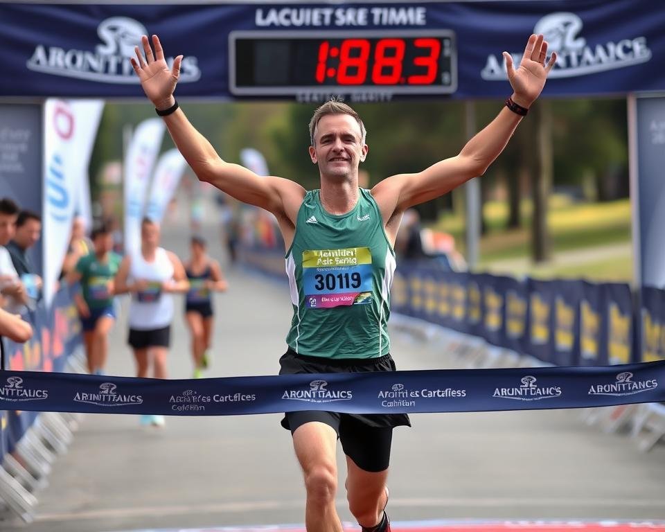 Runner celebrating at finish line after achieving pace goal