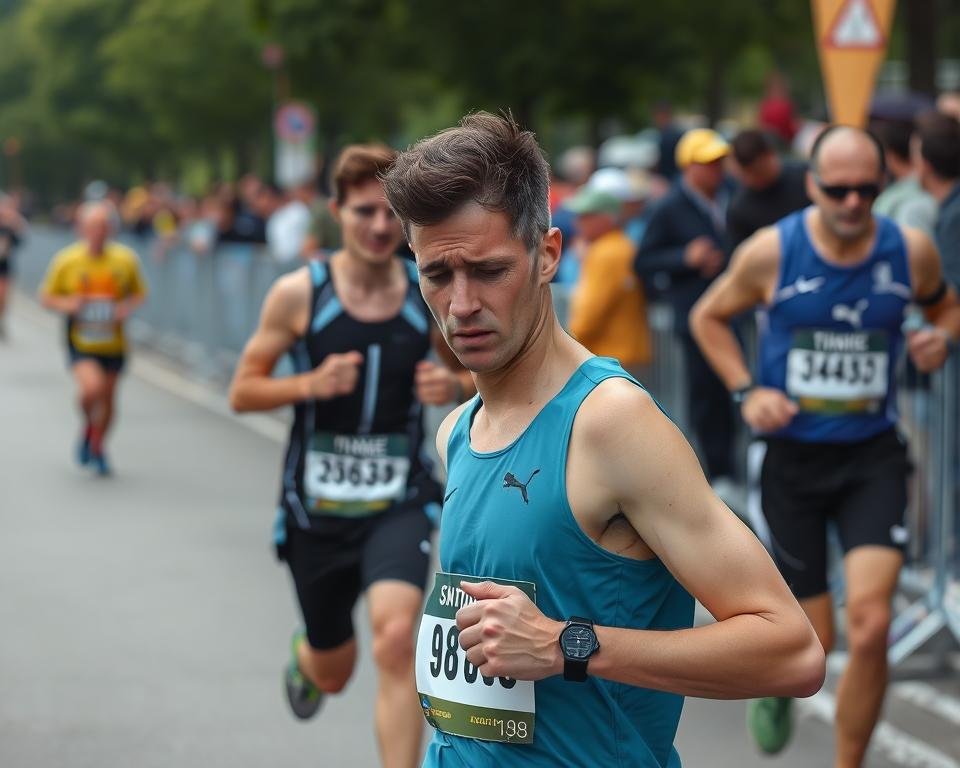 Runner looking frustrated while checking watch during race