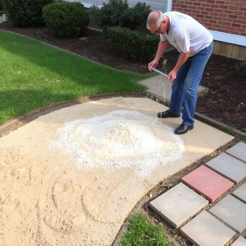 Sand being spread for a paver base