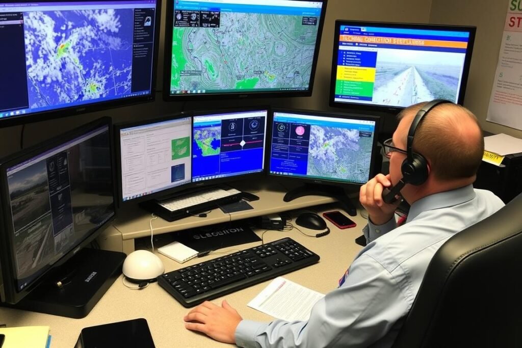 School administrator reviewing weather data and making closure decision