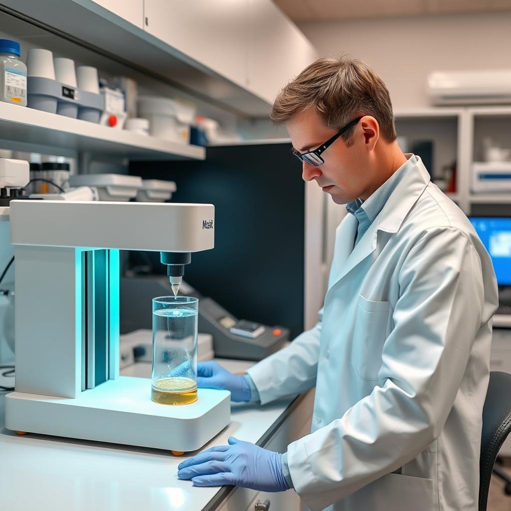Scientist using density measurements in a laboratory setting