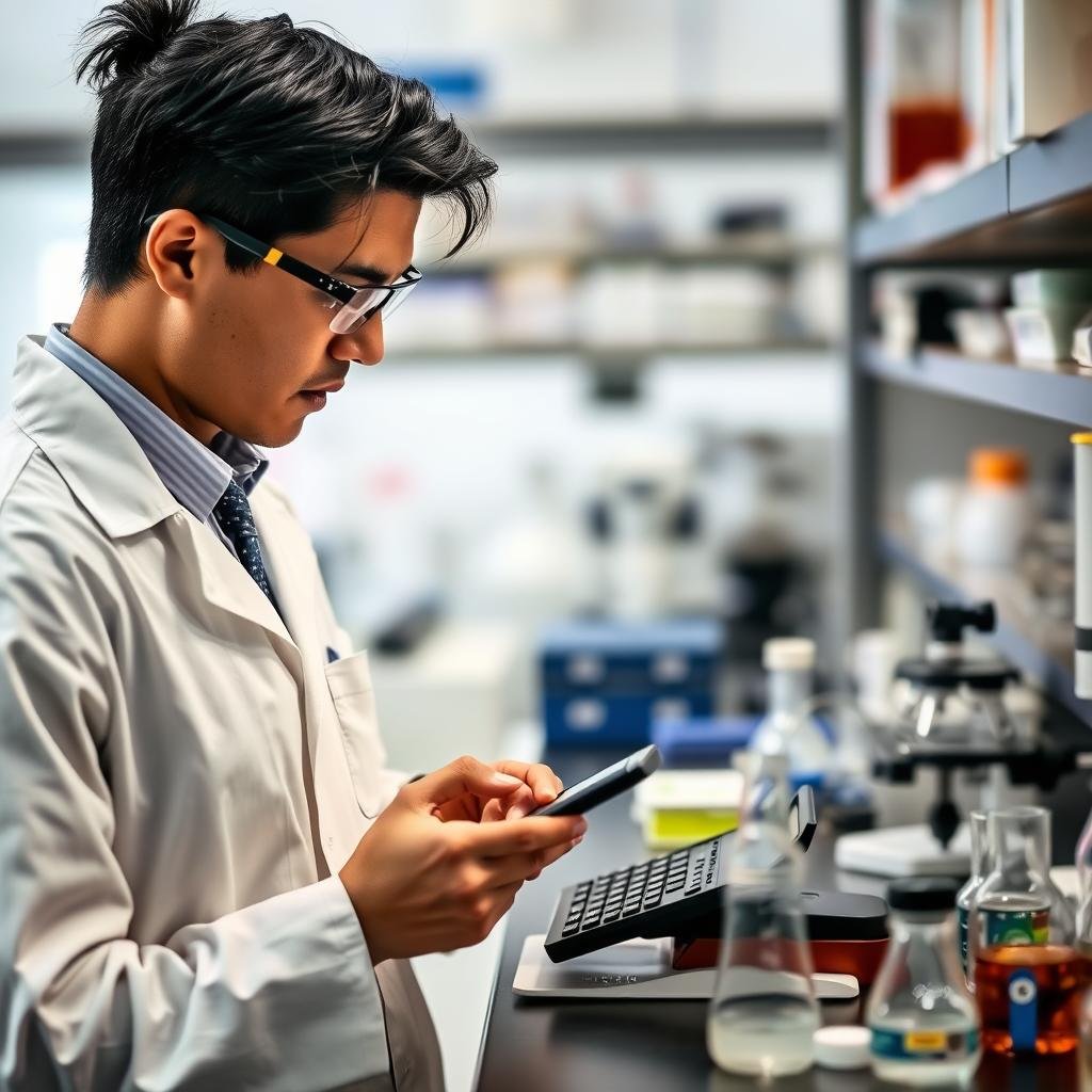 Scientist using scientific calculator in laboratory