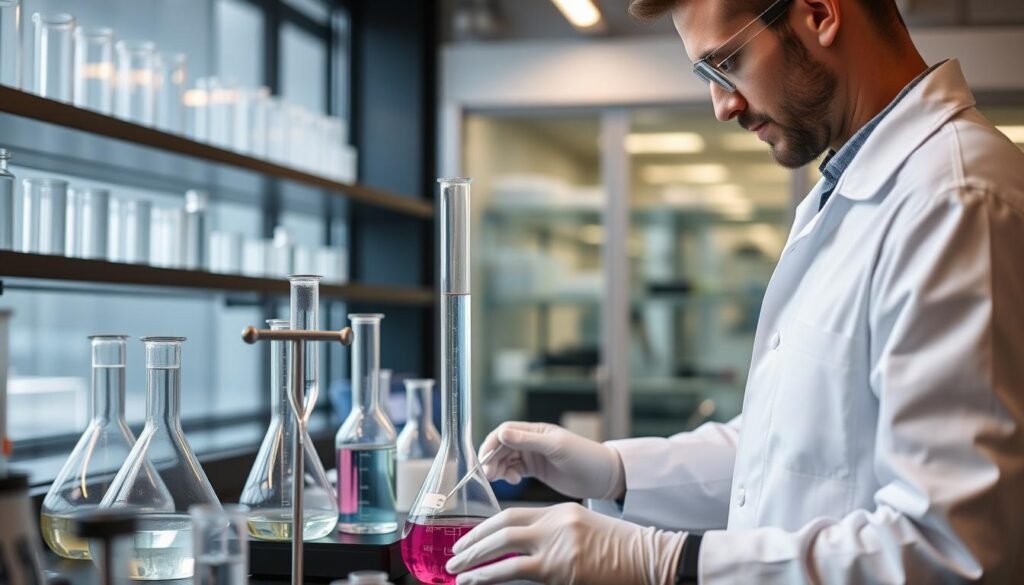 Scientist working with volumetric measurements in a laboratory