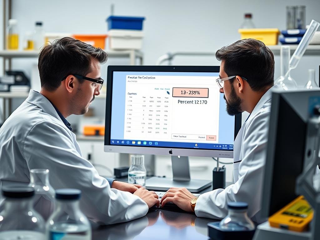 Scientists in a laboratory analyzing experimental results and calculating percent error
