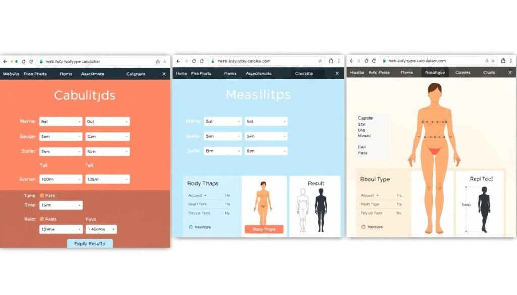Screenshots of recommended body type calculators showing their interfaces and results