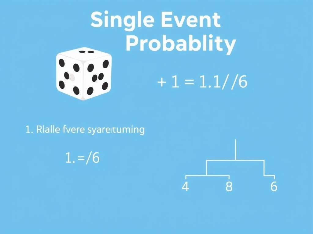 Single event probability illustration showing a die with the probability of rolling a specific number