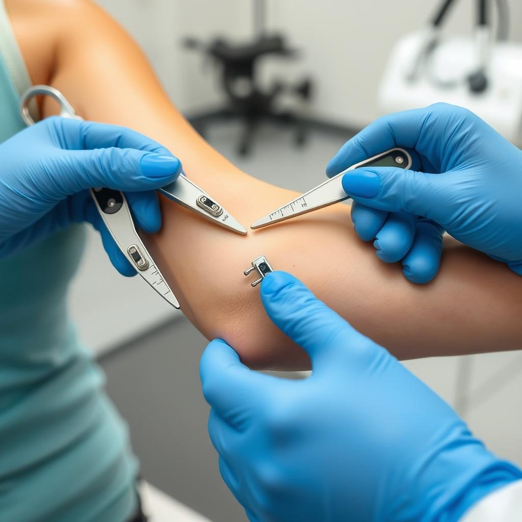 Skinfold caliper being used to measure body fat percentage