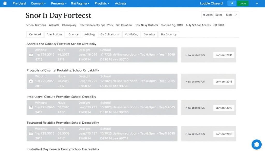 Snow Day Forecast interface showing multiple school districts and their closure probabilities