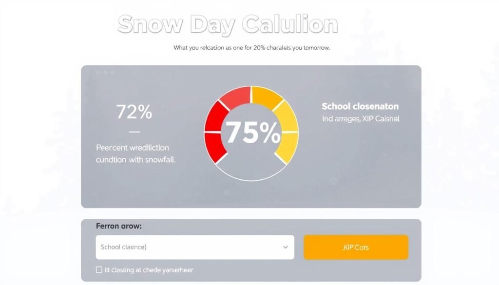 Snow day calculator interface showing percentage prediction of school closure due to snowfall