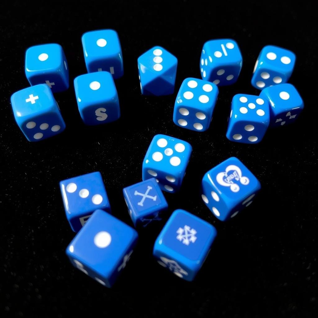 Specialized dice including Fate dice and custom symbol dice used in various games