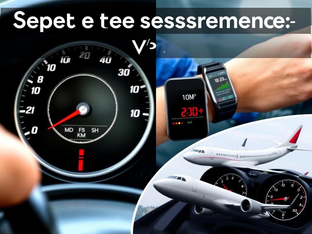 Speed measurement examples in everyday life showing a car speedometer runner and airplane