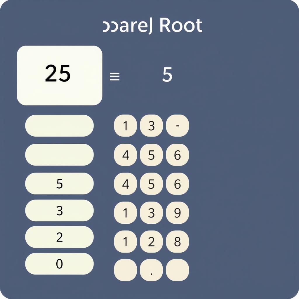 Square root calculator interface showing calculation of √25=5