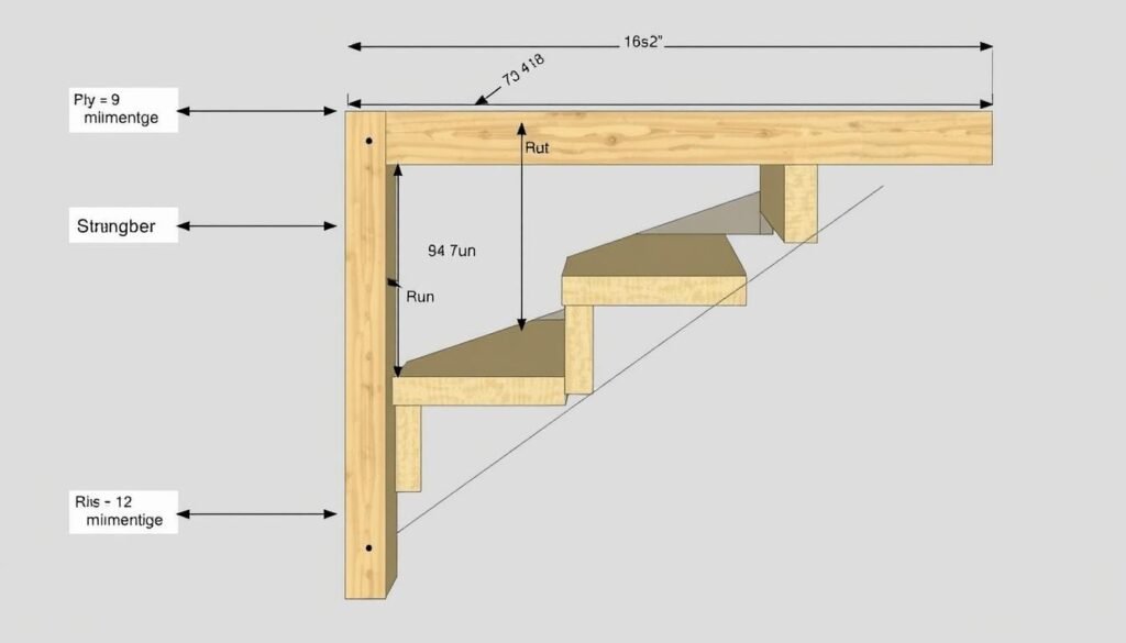 Stair calculator diagram showing rise run and stringer measurements