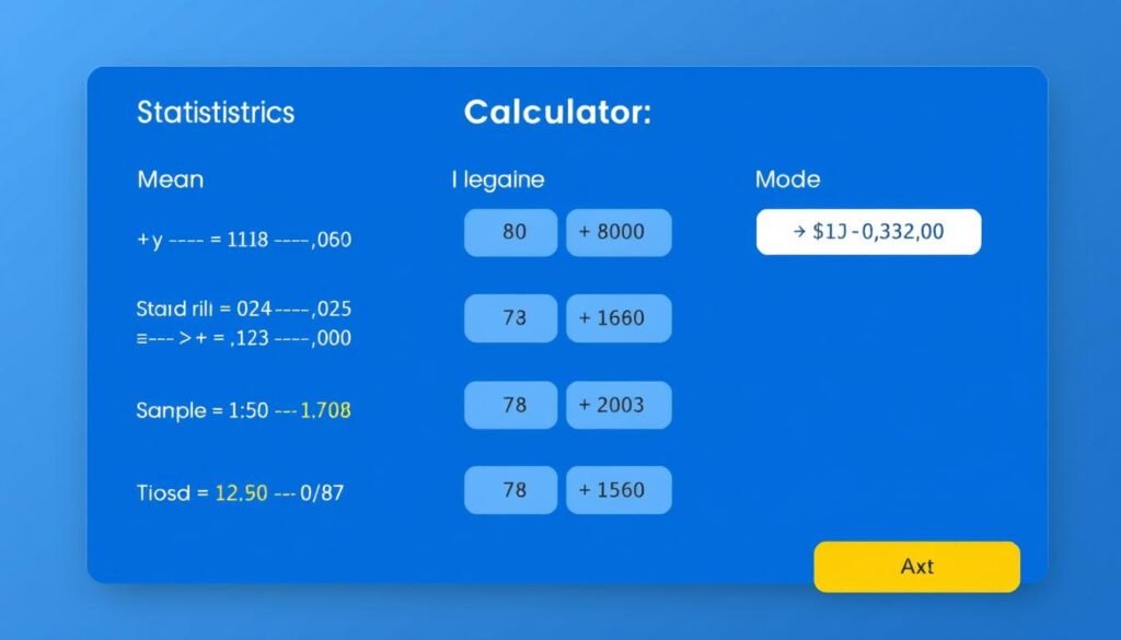 Statistics Calculator interface showing various statistical functions and data analysis tools