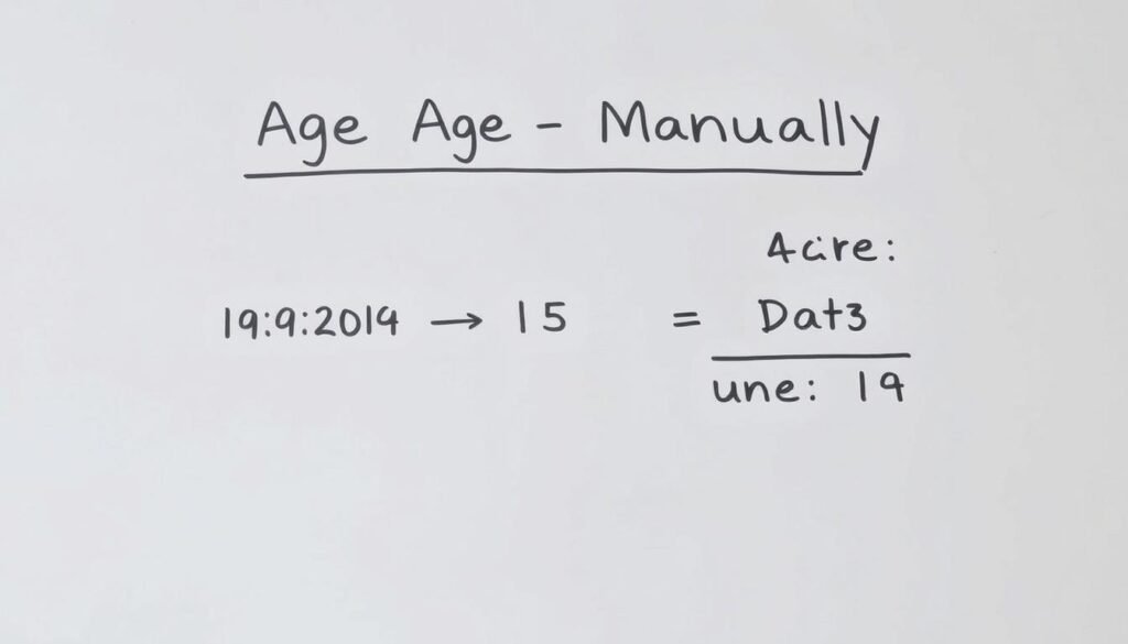 Step by step age calculation process showing subtraction of birth date from current date