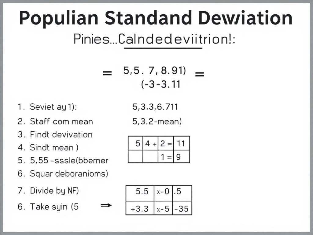 Step by step calculation of population standard deviation using the example dataset 5 7 3 9 11