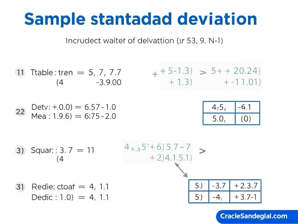 Step by step calculation of sample standard deviation using the example dataset 5 7 3 9 11