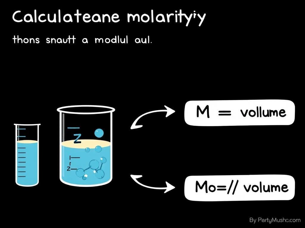 Step by step molarity calculation showing conversion from moles and volume to molarity