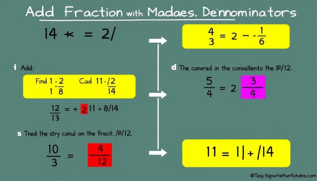 Step by step process of adding fractions with different denominators using the LCD method