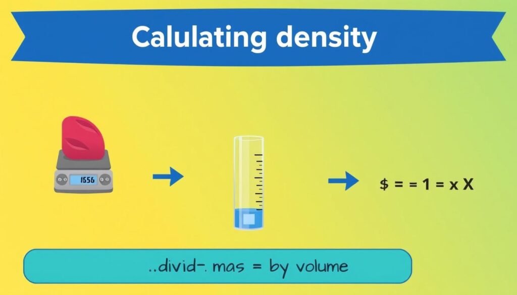 Step-by-step visual guide showing how to calculate density of an irregular object using water displacement