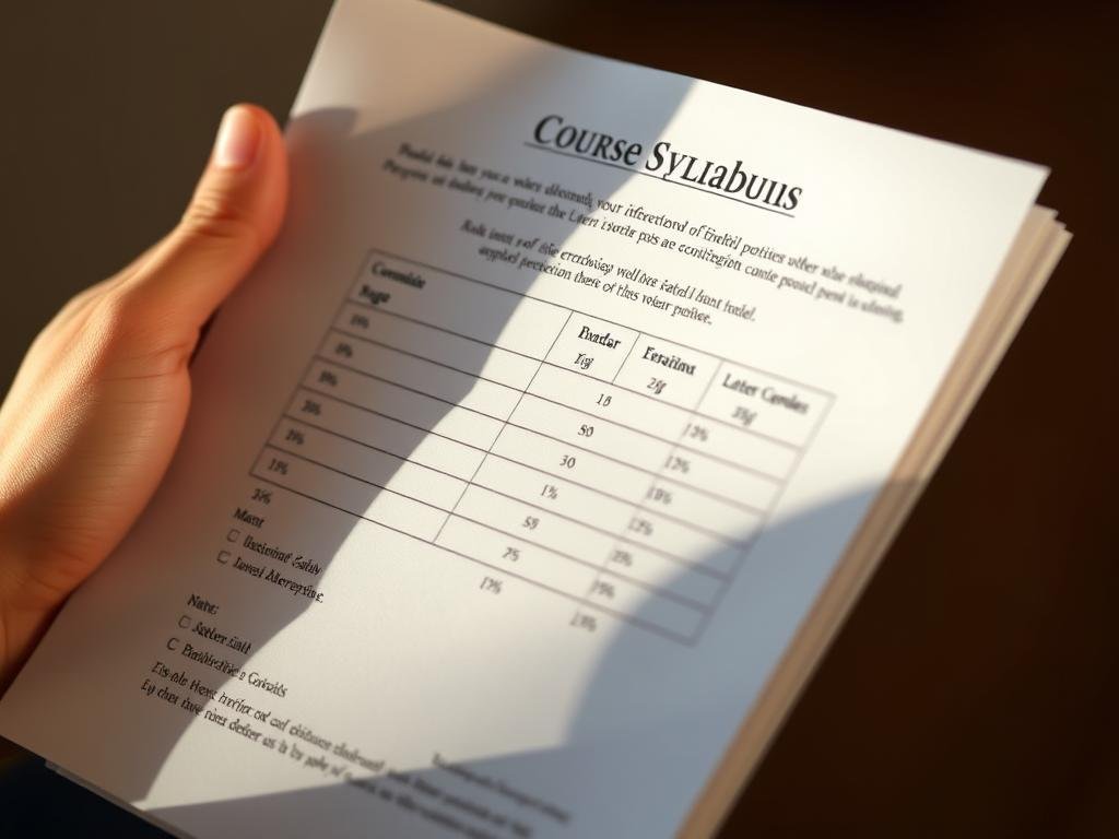 Student checking grade requirements in a course syllabus