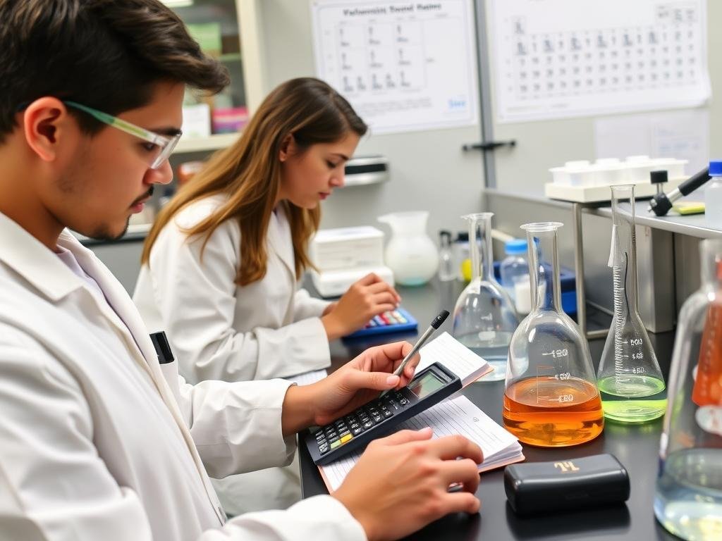 Student in laboratory calculating molarity with scientific equipment and notes