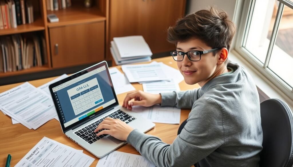 Student reviewing GPA calculation on laptop with transcript papers